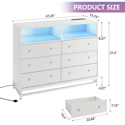 Homhougo Dresser for Bedroom 6 Drawer with LED Light & Charging Station, Wooden Dressers and Chests of Drawers with 2-Tier Open Shelves, Wide Dresser Organizer for Living Room Hallway Entryway, Pink