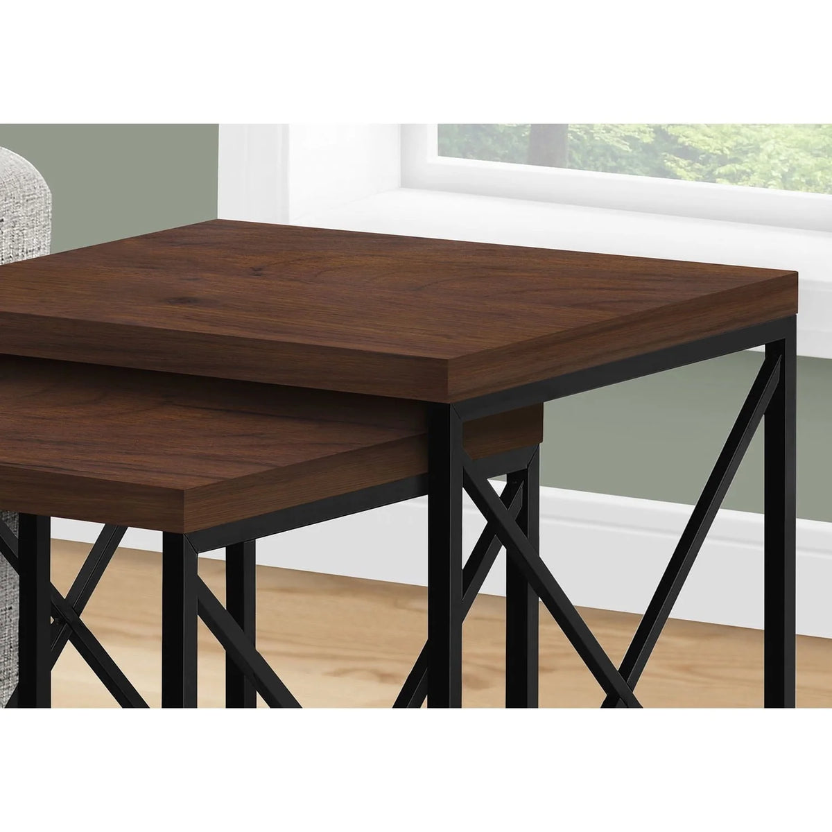 Monarch Specialties 2 Piece Square Metal Nesting Table Set, Cherry/Black