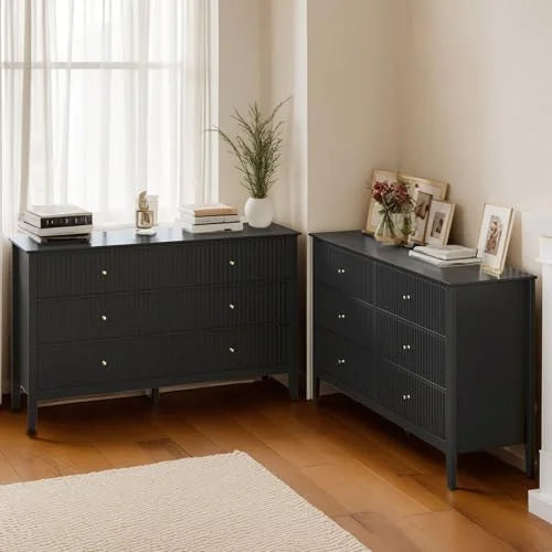 Heynemo Beige 6 Drawer Dresser, Fluted Modern Wood Chest