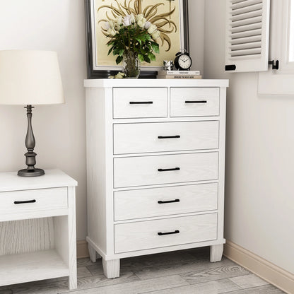 Homhougo White Dresser for Bedroom 6 Drawer, Wood Organizer Storage Cabinet with Gray Strip Drawer Door, Chest of Drawers for Closet, Living Room, Hallway, Nursery, Kids Bedroom
