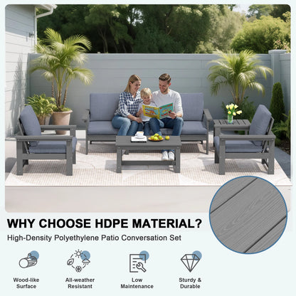 SERWALL Outdoor Patio Furniture Set, 7-Piece HDPE Outdoor Sofa Set Patio Conversation Set, Black Frame with Beige Cushions