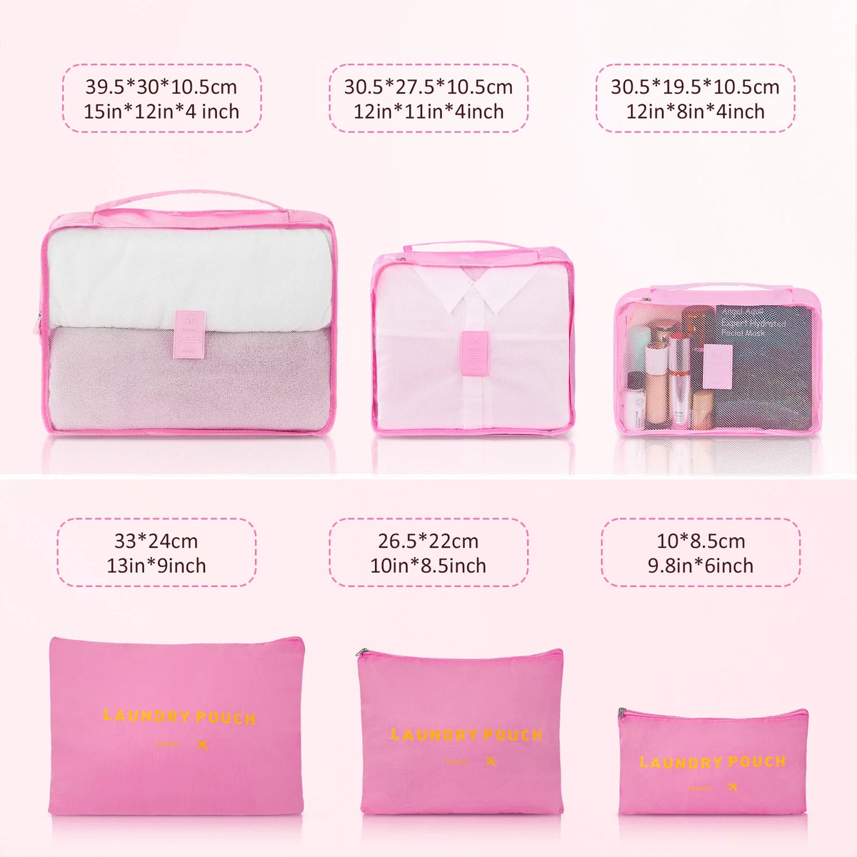 3 Piece Luggage Sets with 6 PC Organize Bags Lightweight Suitcases with Spinner Wheels, Pink