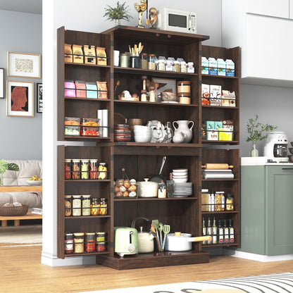71" Tall Farmhouse Kitchen Pantry with 12 Side Shelves & Adjustable Shelves, 5 Layers Pantry Storage Cabinet w/Load-Bearing Steel Pipe & 4 Barn Doors for Kitchen, Dining Room, Living Room, Brown