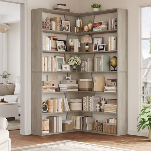 Homfa 6-Tier Corner Bookcase, L-Shaped Bookshelf with Baffle, Storage Display Rack for Office Living Room, Gray