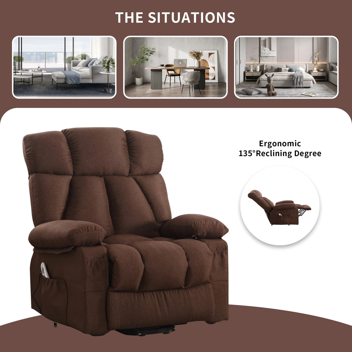 JONPONY Power Lift Recliner Chair Recliners for Elderly with Heat and Massage Recliner Chair for Living Room with Infinite Position and Side Pocket,USB Charge Port,Brown