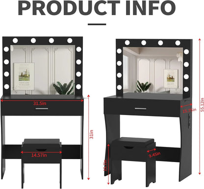 Vanity Table Set with Lighted Mirror,Makeup Vanity with Lights, Large Drawer Sturdy Wood Vanity, White