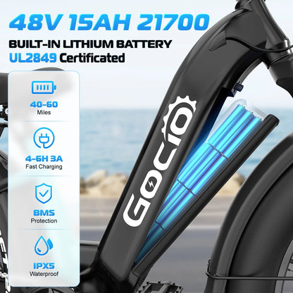 Gocio Electric Bike for Adults, 26" Fat Tire E-Mountain Bike, 1350W Peak Motor 48V 15Ah Battery, 22MPH 7-Speed Ebike for off Road, UL 2849