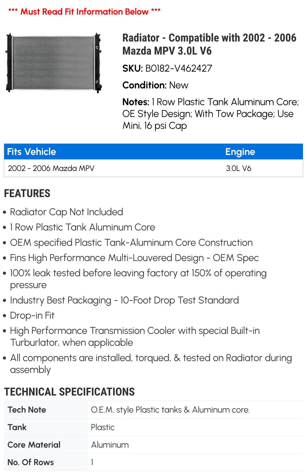 Radiator - Compatible with 2002 - 2006 Mazda MPV 3.0L V6 2003 2004 2005