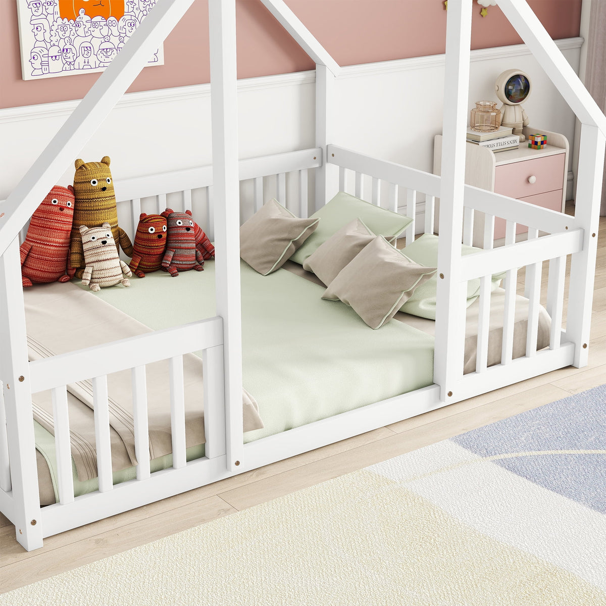Bellemave Twin Size Floor Bed Frame, Wooden House Bed Twin Size with Fence, Montessori Bed with Guardrails for Bedroom (White)