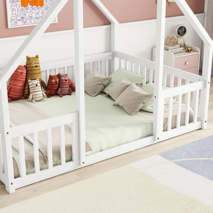 Bellemave Twin Size Floor Bed Frame, Wooden House Bed Twin Size with Fence, Montessori Bed with Guardrails for Bedroom (White)