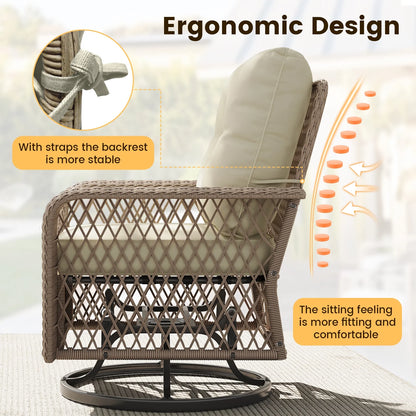 ELPOSUN 3 Pieces Patio Furniture Set, Outdoor Swivel Gliders Rocker, Wicker Patio Bistro Set with Rattan Rocking Chair, Glass Top Side Table and Thickened Cushions for Porch Deck Backyard