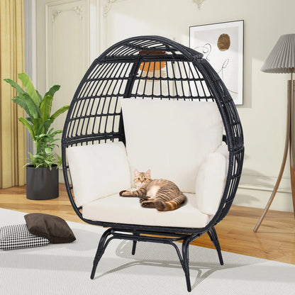 Skandiquip Oversized Rattan Adult Egg Chair, 360 Swivel, Outdoor Patio Chair with overstuffed Cushions, Indoor Large Wicker Egg Chair, Natural Rattan, Beige Cushion