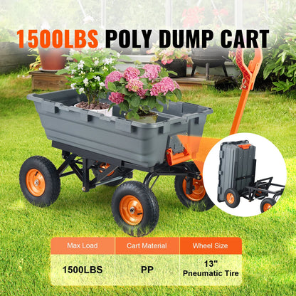 KFFKFF Garden Dump Cart, 35.8x19.5x8.2 in Dump Truck Cart, Max. 600lbs Load Capacity, 10in Rubber Tire, 180�� Adjustable Handle