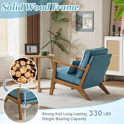 RWTFGV Solid Wood Wide Armrests Accent Chair,Upholstered Mid Century Modern Chair with Pillow,Comfy Reading Chair Farmhouse Arm Chair,Chairs Living Room,Bedroom,Guest Room,Linen Fabric,Beige