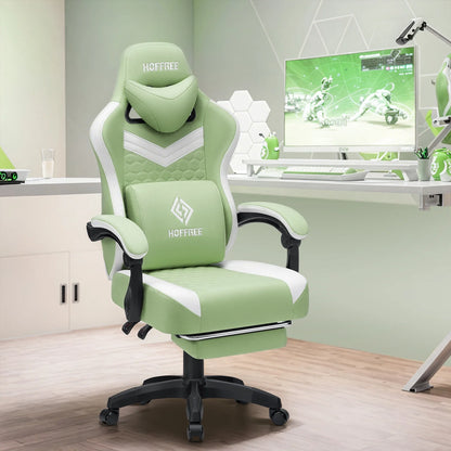 Hoffree Gaming Chair with Massage Fabric Office Chair with footrest for Adults, Ergonomic Gamer Chair with Headrest and Lumbar Support for Office Gaming, 440 LBS