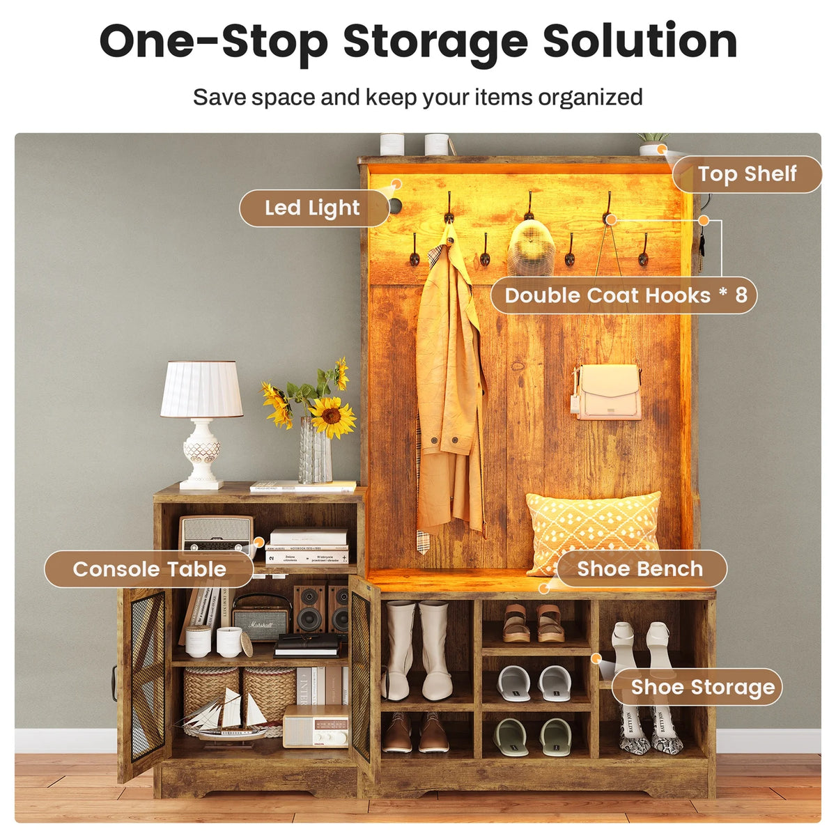 Farmhouse Wood Hall Tree with Shoe Bench and Console Table, LED 4-in-1 Coat Rack with 8 Hooks and 7 Adjustable Shoe Cubbies, Multifunctional Entryway Storage Organizer with Cabinet, Vintage White