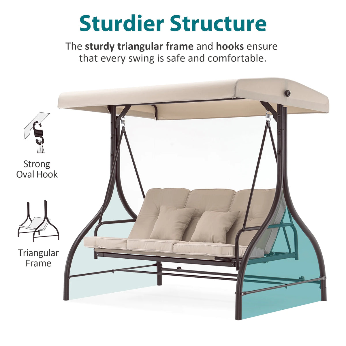 MCombo 3-Seat Outdoor Patio Swing Chair Cushioned with Adjustable Backrest and Canopy, Pillow, Brown