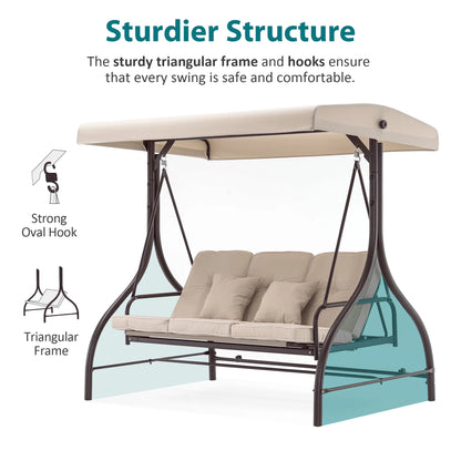 MCombo 3-Seat Outdoor Patio Swing Chair Cushioned with Adjustable Backrest and Canopy, Pillow, Brown