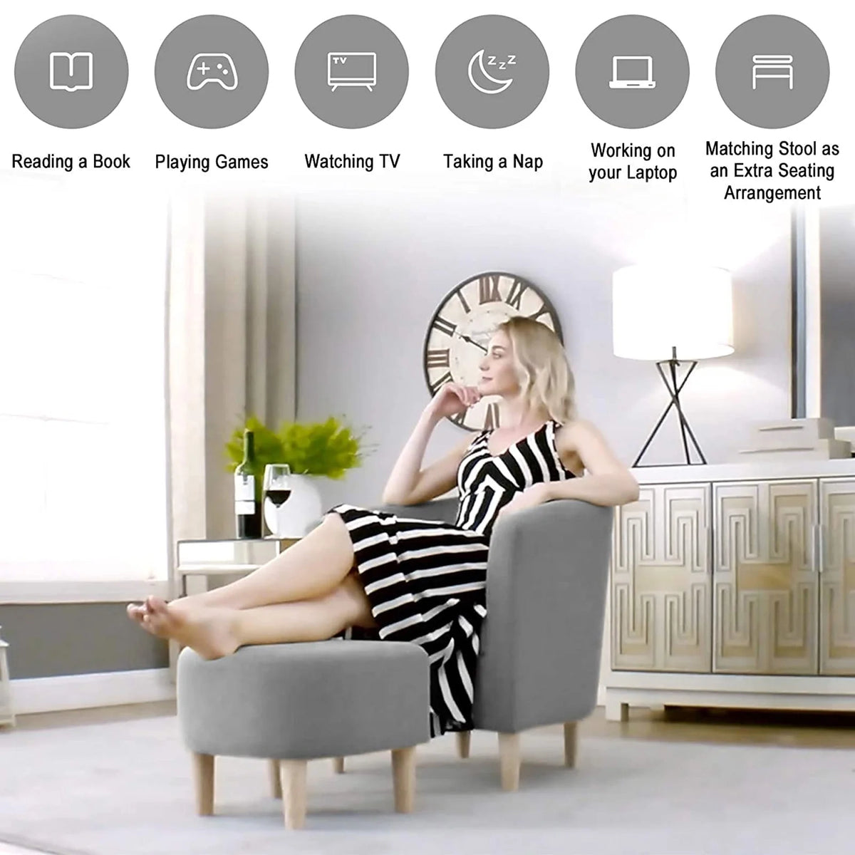 Lohoms Accent Arm Chair With Ottoman Set, Modern Home Leisure Chair with Footrest, Comfy Upholstered Armchair Single Sofa, Reading Chair with Solid Wood Legs for Living Room Bedroom, Gray