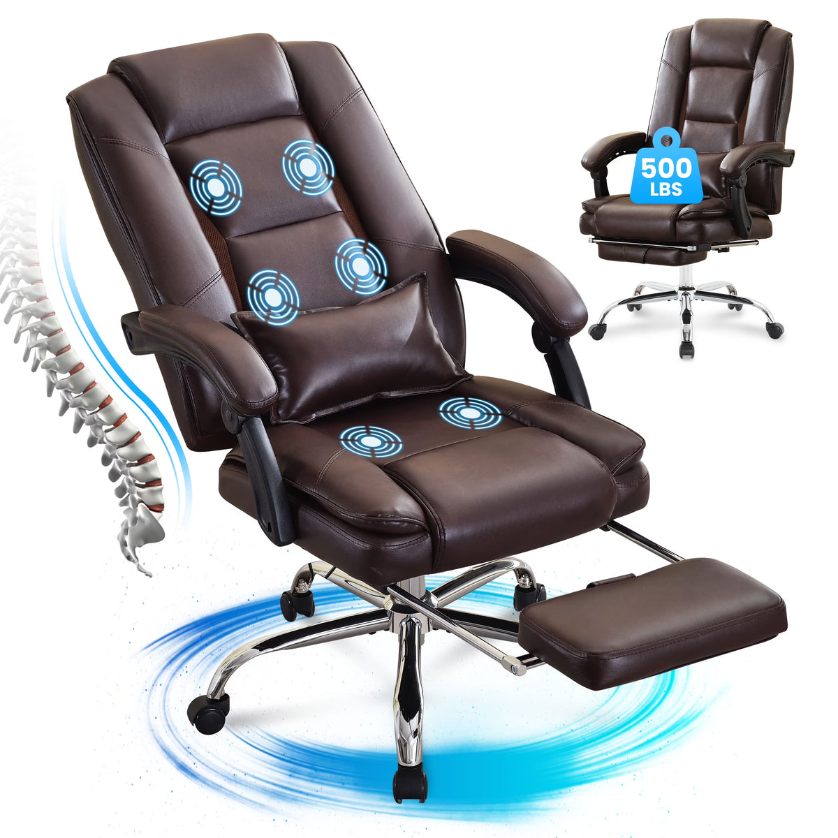 JONPONY Big and Tall Office Chair 500LBS Executive Office Chair Massage and Footrest Ergonomic Computer Desk Chair Reclining High Back Leather Office Chair Lumbar Back Support Swivel Rolling,Black