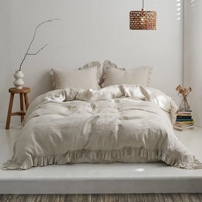 Simple&Opulence 100% Washed Linen Duvet Cover Set-3 Pieces Shabby Chic Premium Ruffled Bedding with 1 Comforter Cover and 2 Pillowshams France Flax High End Frill Sets Vintage Style(King, White)