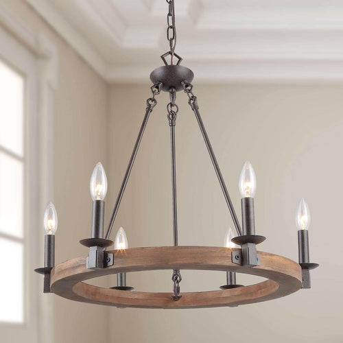 LNC 6-Light Distressed Brown and Bronze Wagon Wheel Farmhouse Chandelier