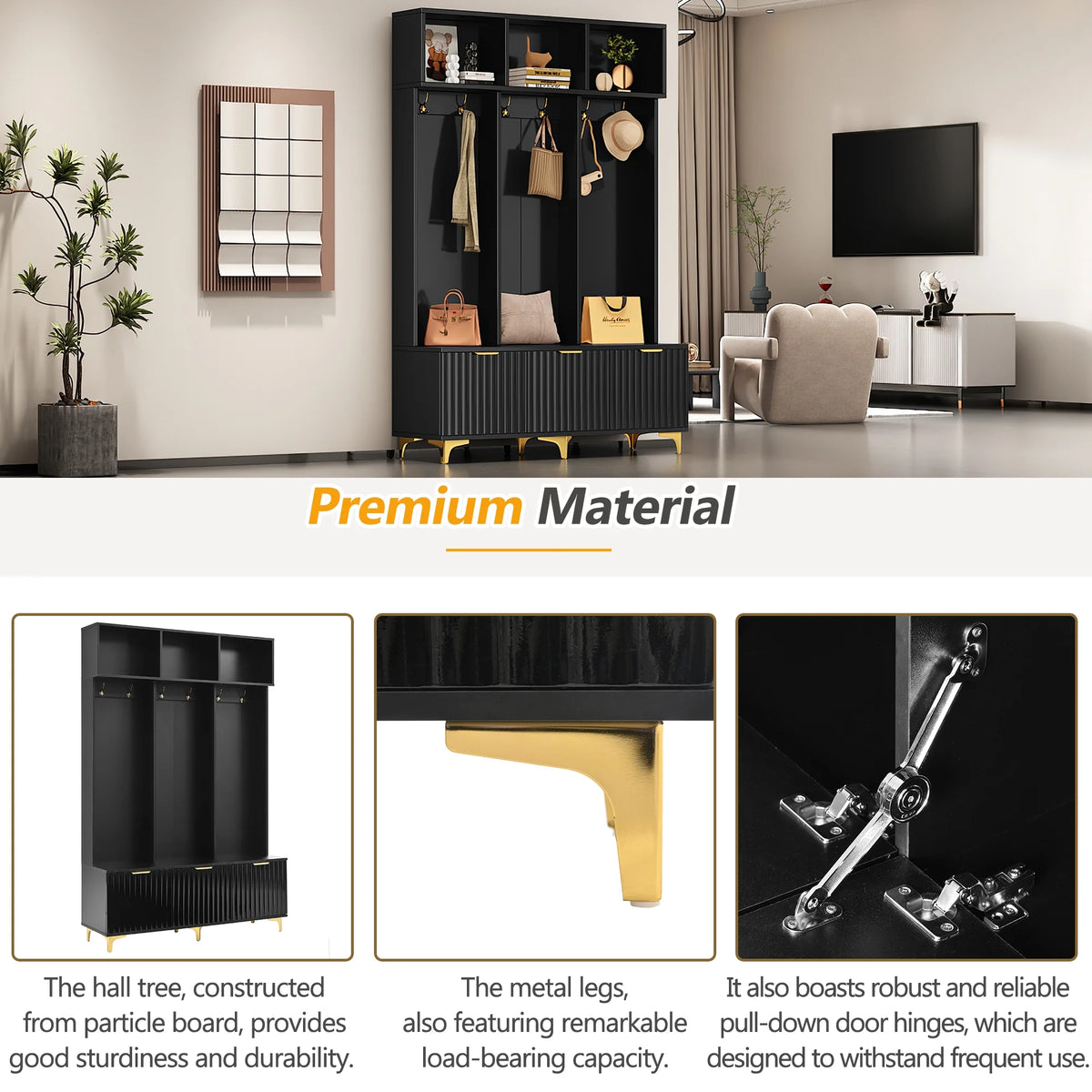 Euroco Modern Hall Tree with High Gloss Fluted Doors, Gold Accents, Shoe Storage & Bench a?? Entryway Organizer with Cubbies and Coat Hooks