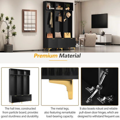 Euroco Modern Hall Tree with High Gloss Fluted Doors, Gold Accents, Shoe Storage & Bench a?? Entryway Organizer with Cubbies and Coat Hooks