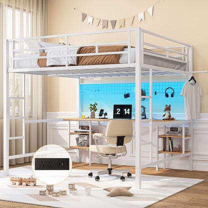 Twin Loft Bed with Desk, UHOMEPRO Metal Loft Bed with LED Lights, Charge Station, DIY Mesh, Clothes Rail, 4 Storage Shelves, Safety Rails and 2 Ladders, Loft Bed for Teen Adult, Black