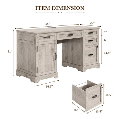 Whalefall 55 in Farmhouse Executive Desk with File Drawer for Adult Home Office, White