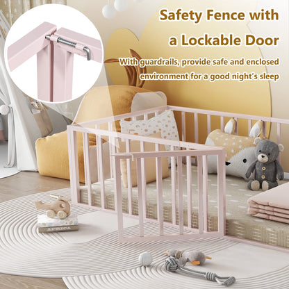 Bellemave Full Size Bed Frame, Full Montessori Bed with Safety Guardrails and Detachable Fence, Wood Full Daybed Frame, Low Profile & Rounded Corners Design, Natural