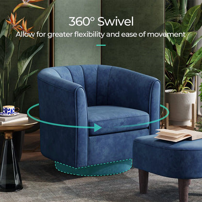LINSY HOME Swivel Accent Chair with Ottoman, Velvet Barrel Chair for Living Room, Blue