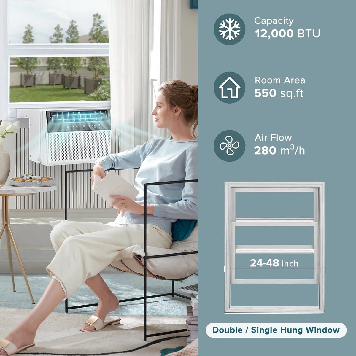 KISSAIR 12,000 BTU U Shaped Window Air Conditioner 6-in-1 Mode with Remote Control 24-Hour Timing for Room/Office/Apartment Cools up to 550 Sq.ft