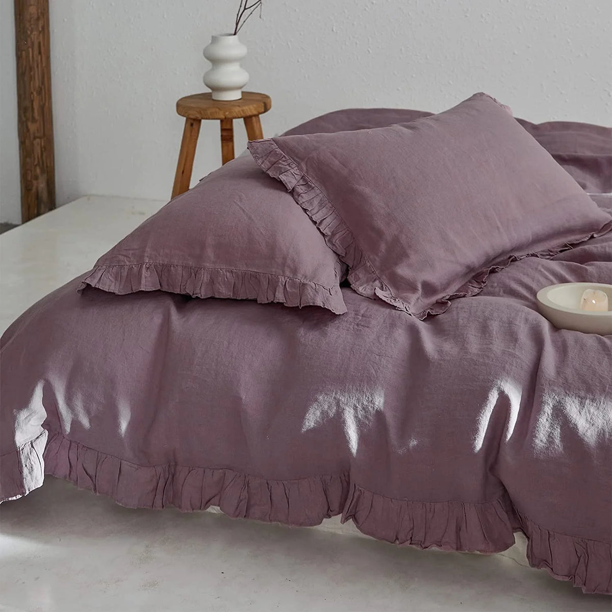 Simple&Opulence 100% Washed Linen Duvet Cover Set-3 Pieces Shabby Chic Premium Ruffled Bedding with 1 Comforter Cover and 2 Pillowshams France Flax High End Frill Sets Vintage Style(King, White)