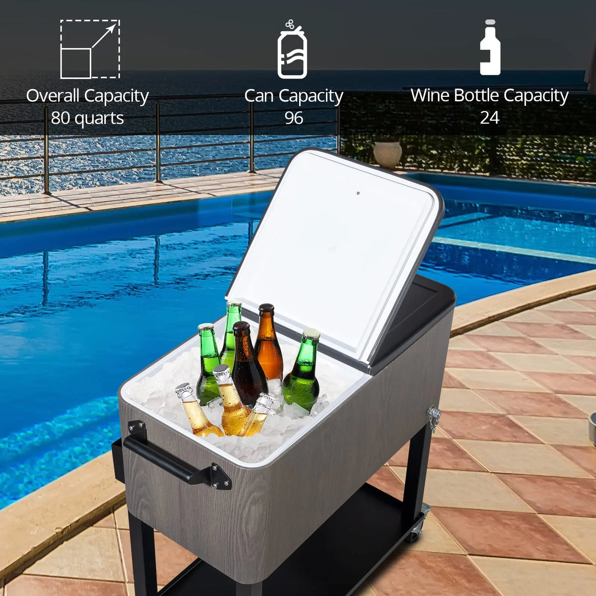 BNSPLY 80 Quart Outdoor Cooler Cart Rolling Ice Chest Cooler Cart, Portable Patio Cooler with Bottle Opener, Handles and Drainage, Standing Cooler for Patio Party, Camping and BBQ, Mint Green