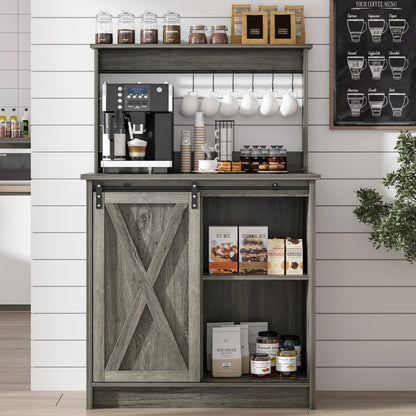 Catrimown Coffee Bar Cabinet, Barn Door Sideboard Buffet Cabinet with Storage, White