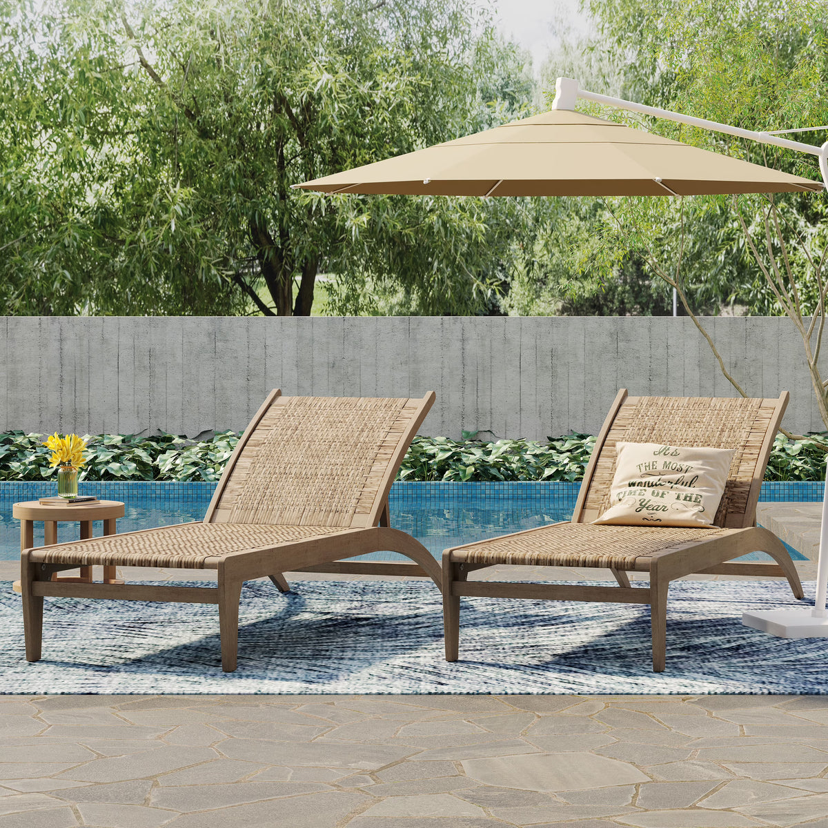 Shane Acacia Wood and Flat Wicker Outdoor Chaise Lounge, Light Brown and Light Multibrown