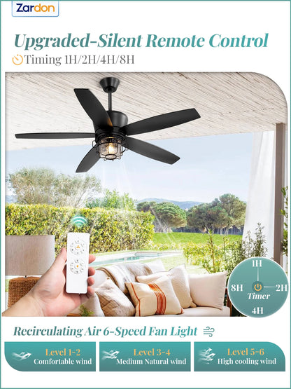 Zardon 20" Outdoor Ceiling Fan with Light and Remote, 7 Blades Caged Waterproof Gazebo Fan for Patio, Porch, Pergola Canopy, App Control