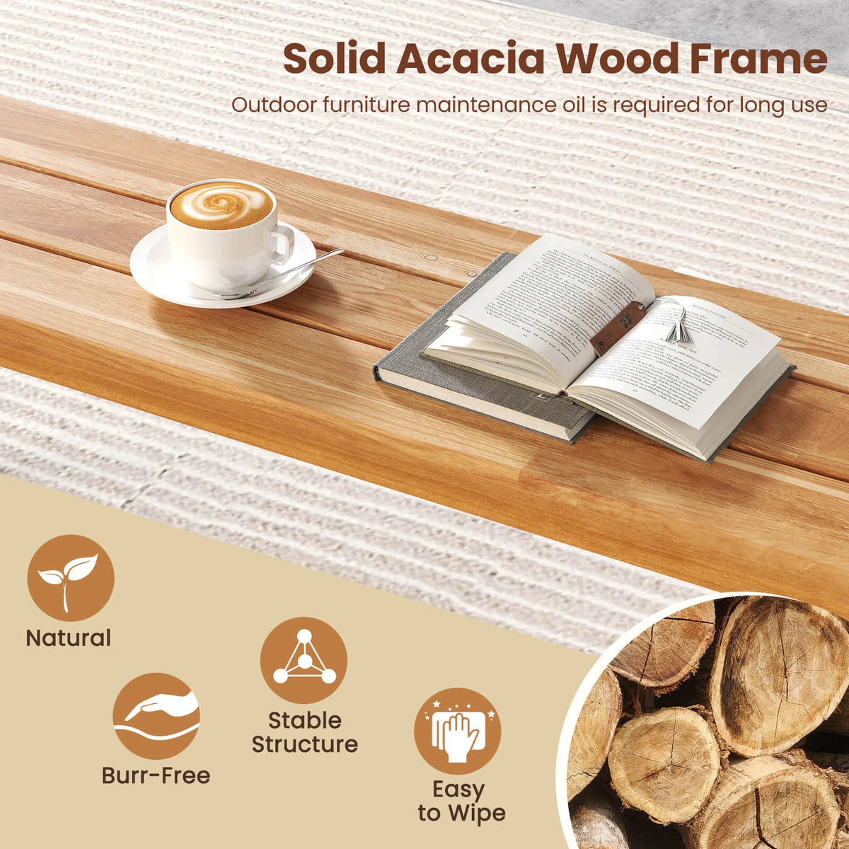 Costway 63" Long Outdoor Acacia Wood Bench Seats up to 3 Persons for Garden Porch