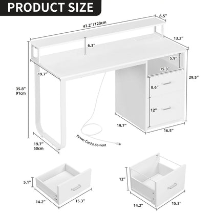 TDUKDB 47/55   Inch Home Office LED Computer Desk with File Drawer and Power Outlets. Ideal for Home Office  Study  Stable Design, Stylish  Simple-inch-Brown  White
