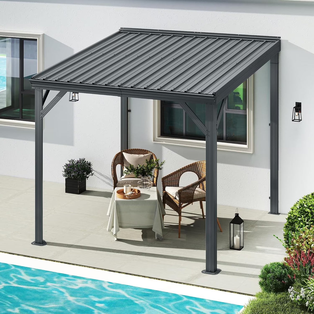 Domi 8x8FT Lean to Gazebo, Outdoor Hardtop Wall Mounted Gazebo with Sloping Galvanized Steel Roof, Upgraded Heavy Duty Mounted Shelter with Drainage System for Deck, Porch, Backyard