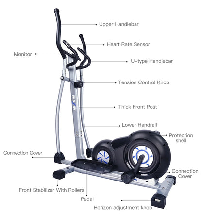 Elliptical Machine Cross Trainer - 8-Level Adjustable Magnetic Elliptical Cross Cadio Equipment with Digital Display and Pulse, Indoor Fitness Workout, LCD Monitor