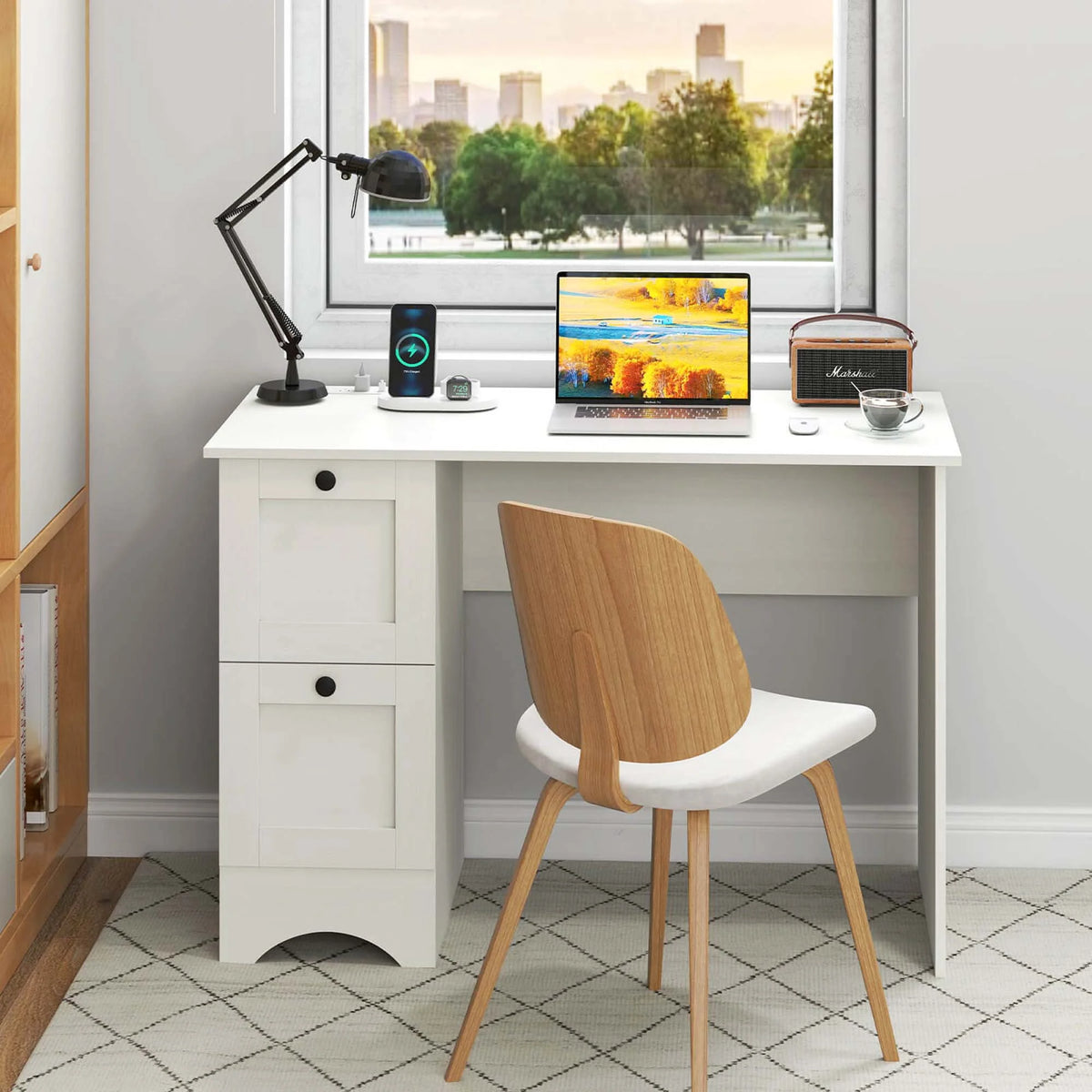 Costway 43" Home Office Desk with Charging Station Compact Study Writing Desk Walnut