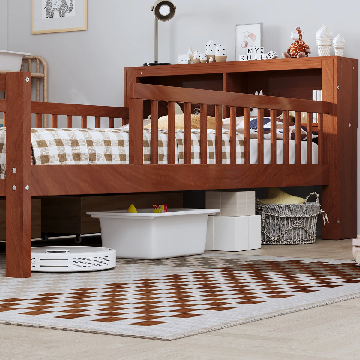 Euroco Wood Twin Size Platform Bed with Storage Headboard and Drawers, Low Profile Bed with Guardrails for Kids and Toddlers, White