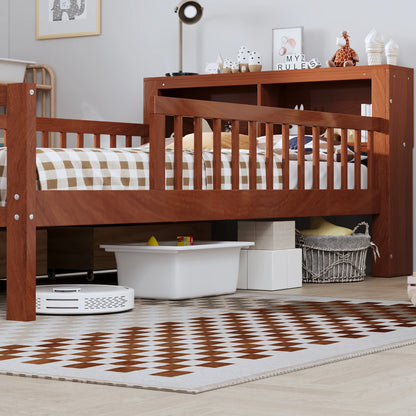 Euroco Wood Twin Size Platform Bed with Storage Headboard and Drawers, Low Profile Bed with Guardrails for Kids and Toddlers, White