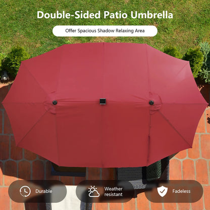 Costway 15FT Twin Patio Double-Sided Umbrella 48 Solar LED Lights Crank Outdoor Beige