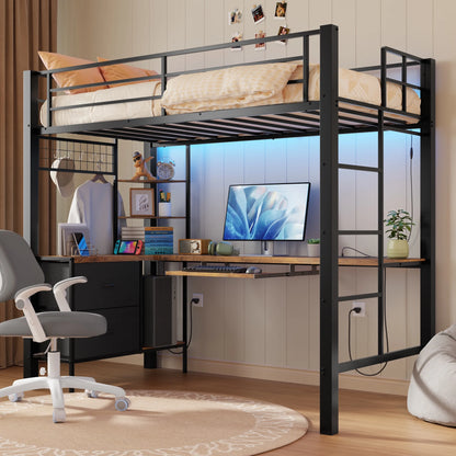 Lofka Twin Loft Bed with L-Shaped Desk, RGB Lights & Charging Station, 400lb Capacity Metal Frame, 3 Shelves & 2 Drawers, Easy Assembly��White