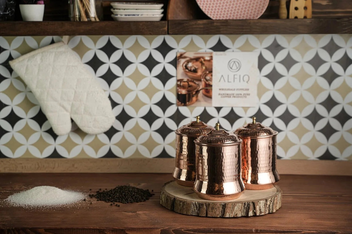 Set of 3 Solid Copper Canister Set with Lid | 100% Copper Kitchen Storage Box| Copper Spice Jar Container