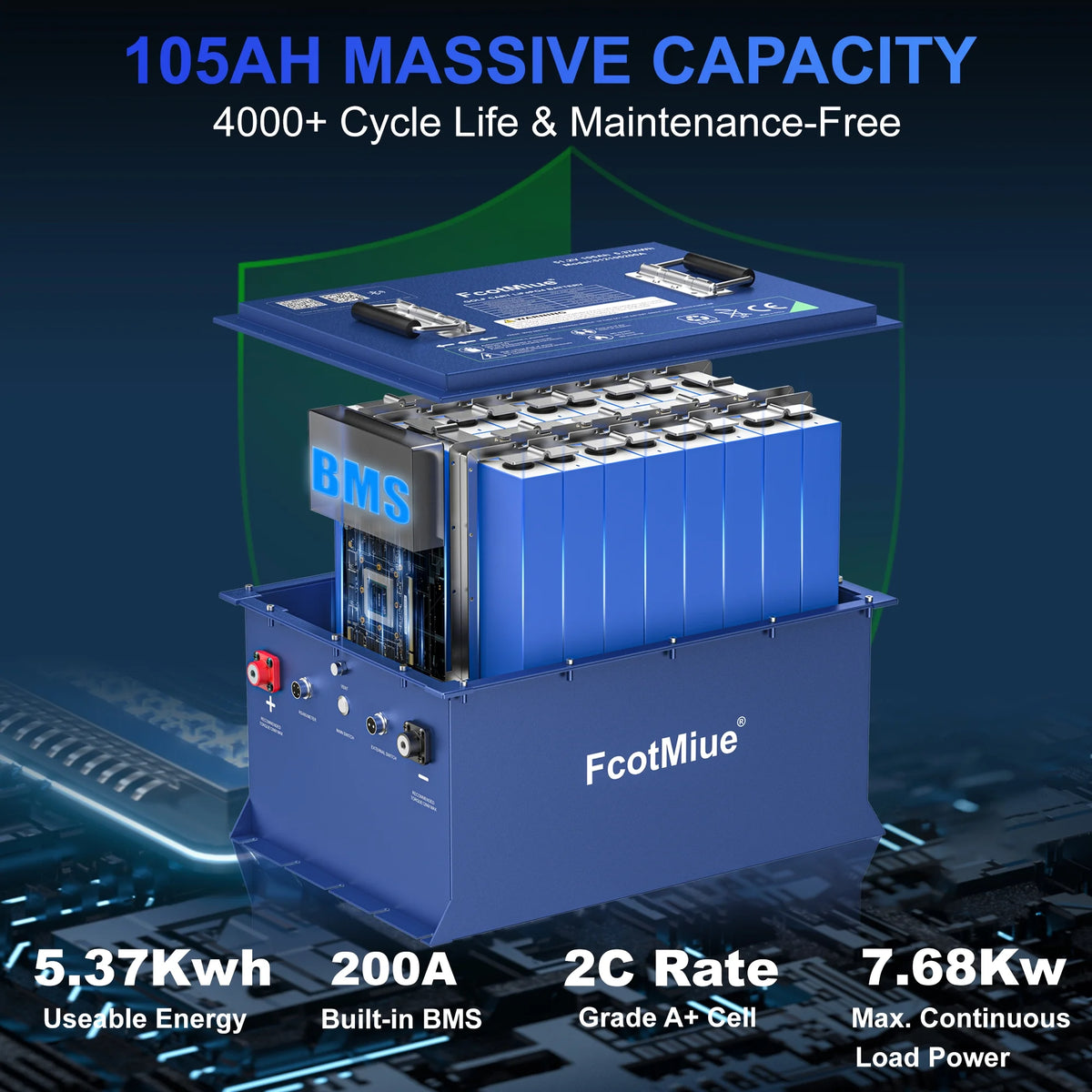 48Volt Lithium Golf Cart Battery , 6000+ Cycles 51.2V 105Ah LiFePO4 Battery, Built-in 200A Smart BMS Support up to 5kW Motor Conversion Kit ,with Touch Monitor & Mobile APP, 20A Charger