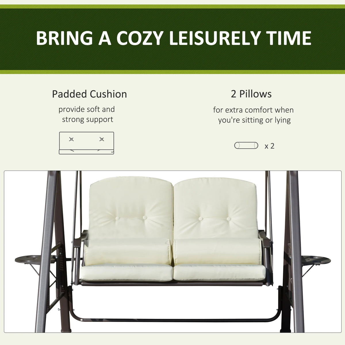 Outsunny 2-Person Patio Swing Bench with Adjustable Shade Canopy, Soft Cushions, Throw Pillows and Tray, Beige.